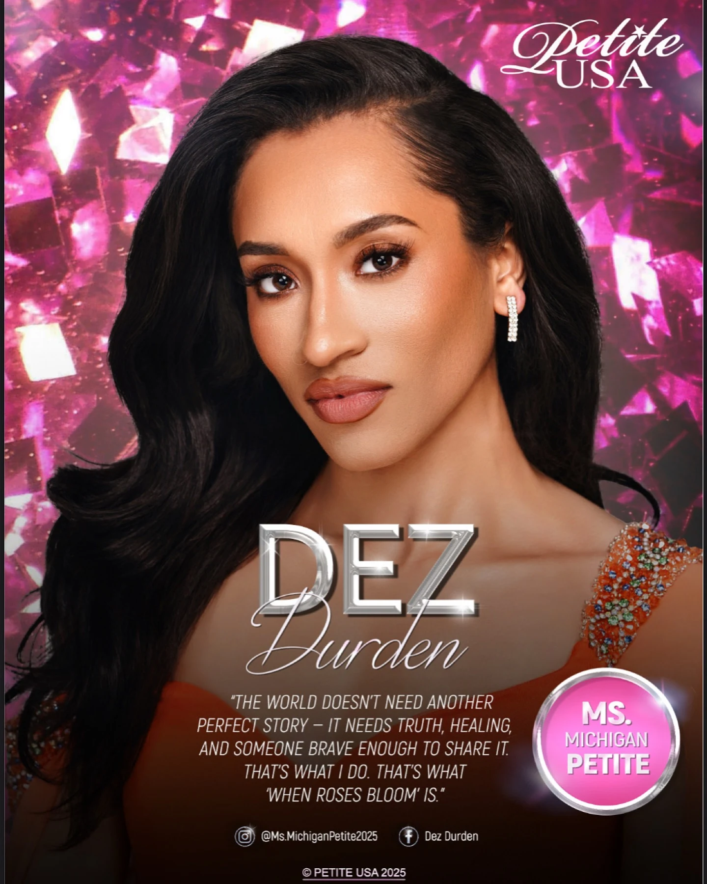 Petite USA 2025 platform graphic for Dez Durden, Ms. Michigan Petite