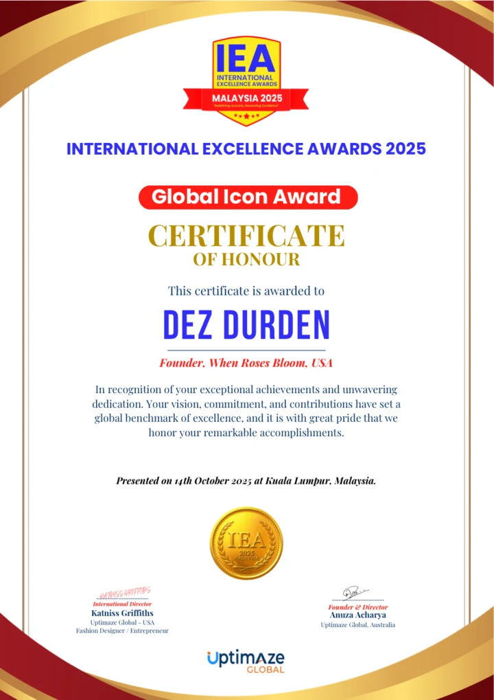 International Excellence Awards 2025 Global Icon Award certificate for Dez Durden