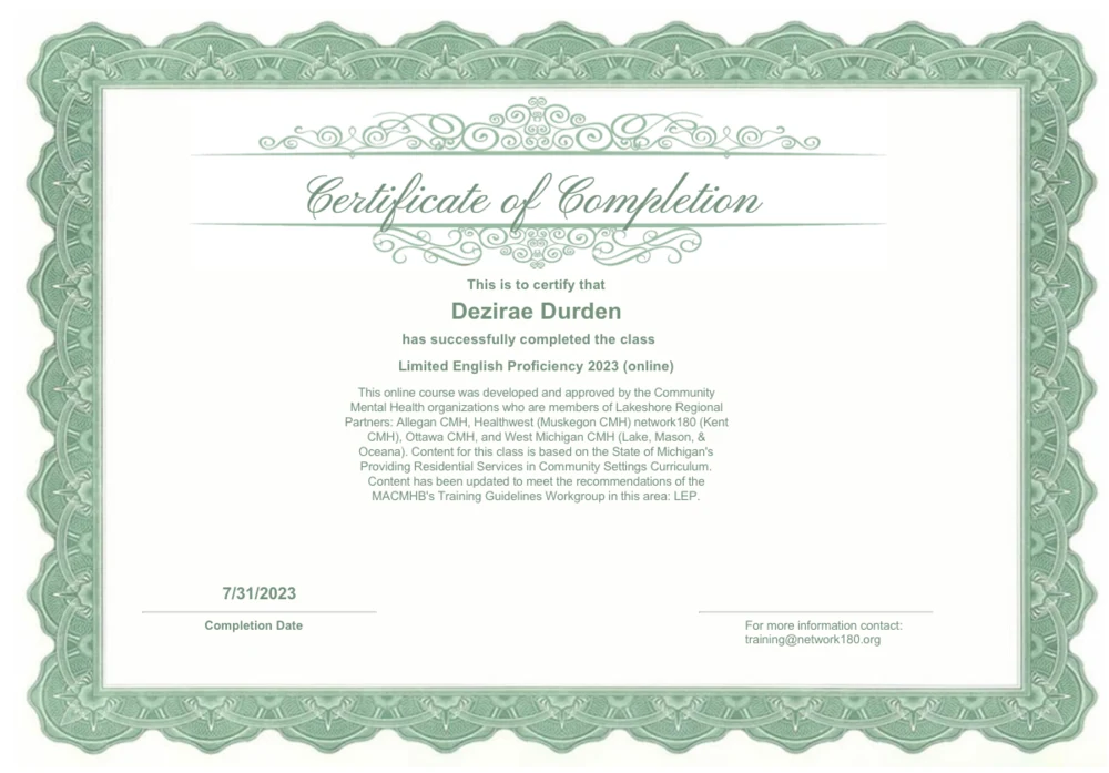 Limited English Proficiency training certificate for Dezirae Durden