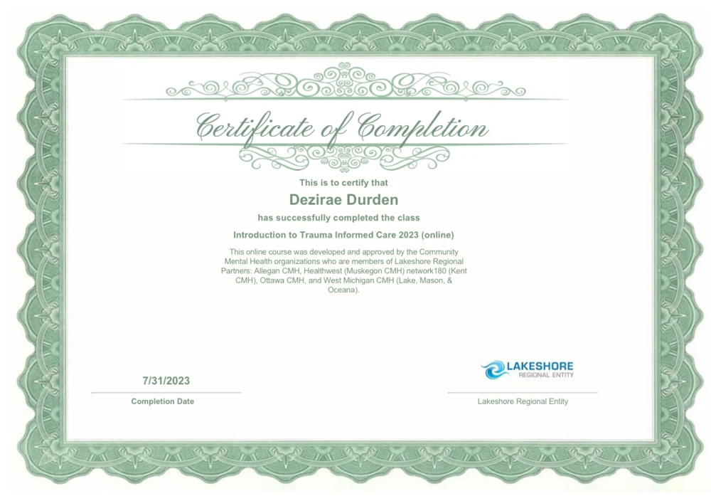 Introduction to Trauma Informed Care certificate for Dezirae Durden